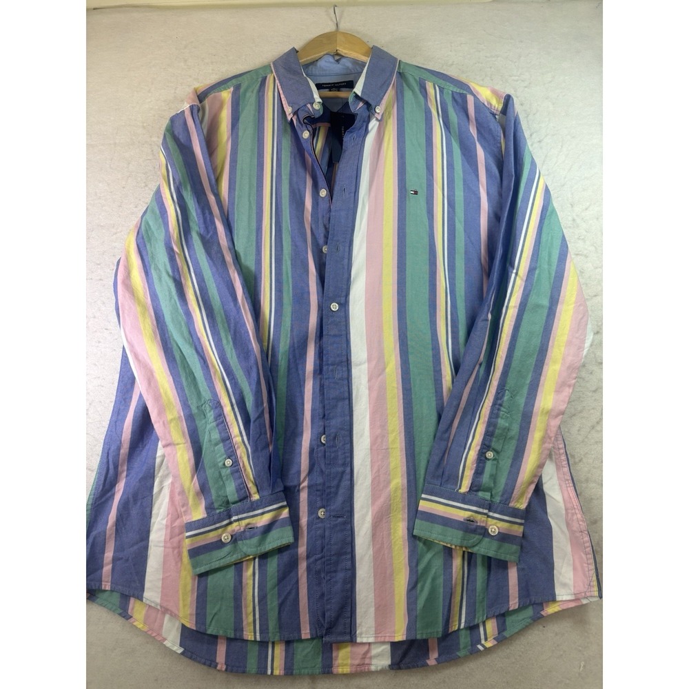 Tommy Hilfiger Striped Oxford Shirt Mens 2XL Pastel Multi Color Preppy NWT